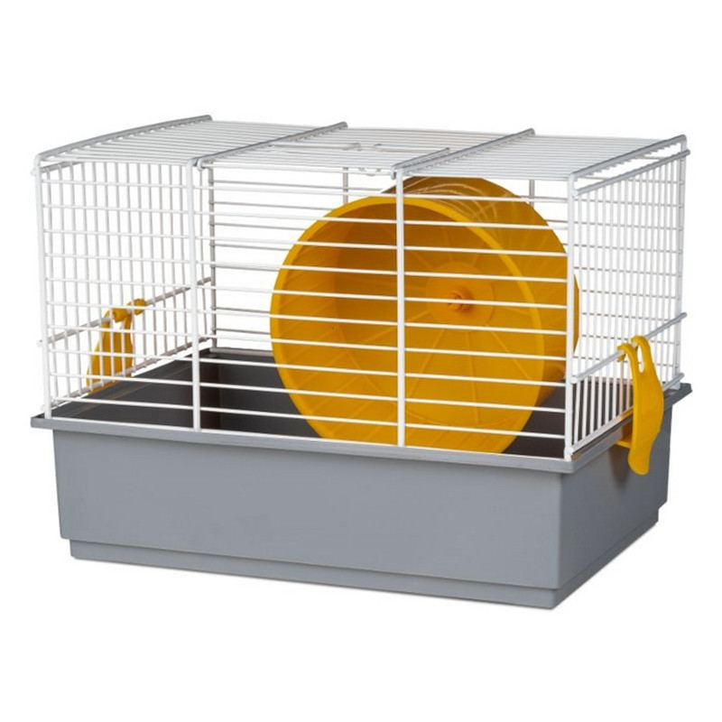 Jaula Hámster, color blanca entera y rueda gris, medidas: 27x19.5x20cm.